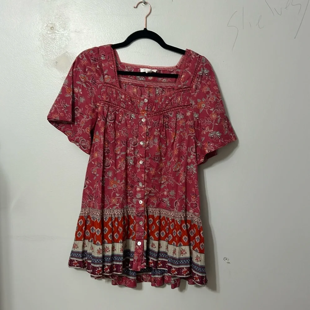 Beach Lunch Lounge Womens Nica Square Neck Printed Button-Down Top Boho Blouse S - Picture 2 of 5